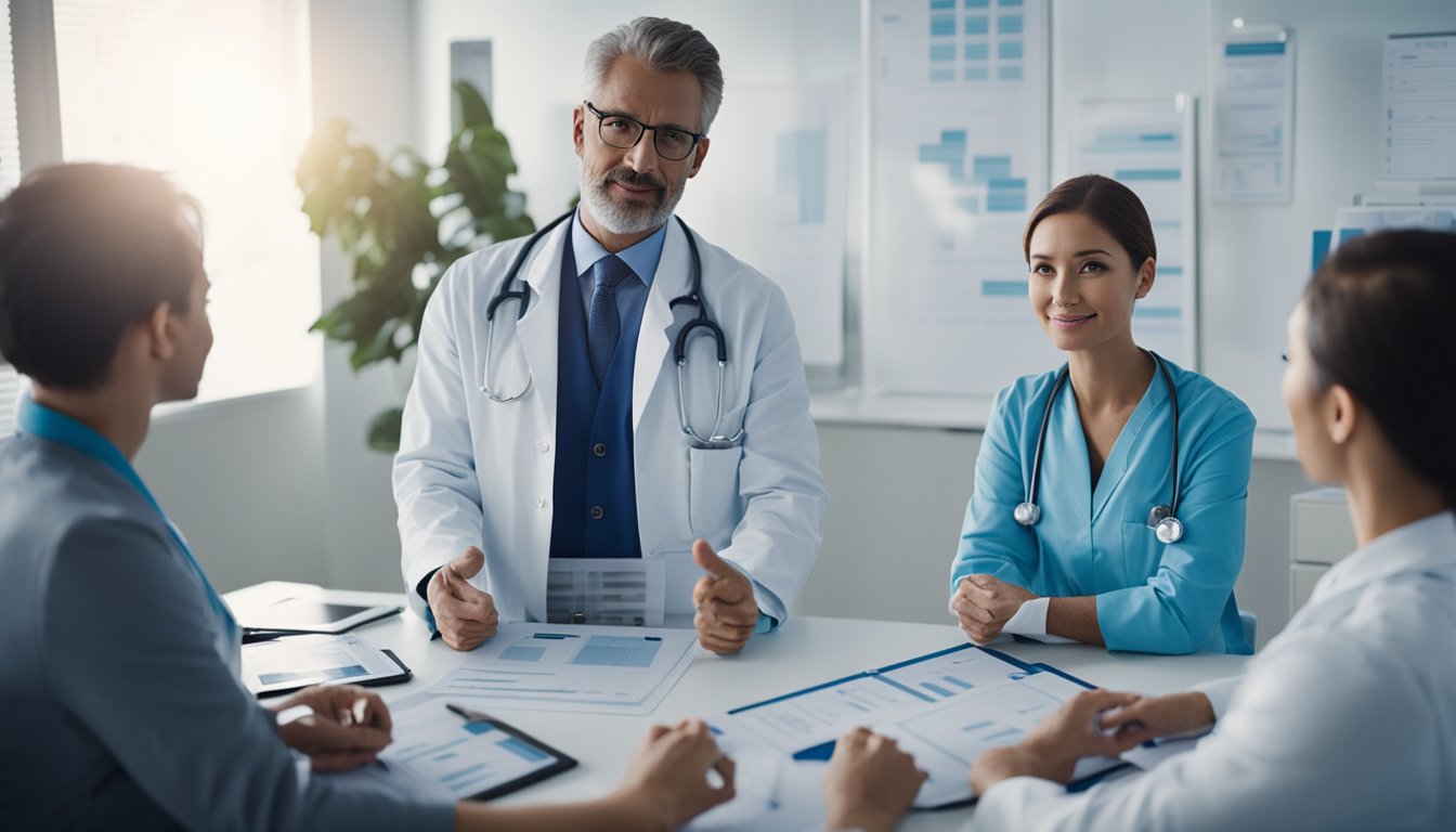 A doctor surrounded by medical equipment and charts, explaining functional medicine principles to a group of attentive patients