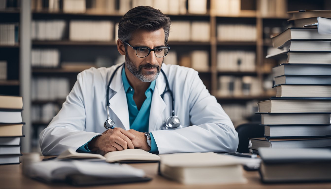 A doctor sitting at a desk, surrounded by medical books and papers, deep in thought while researching functional medicine