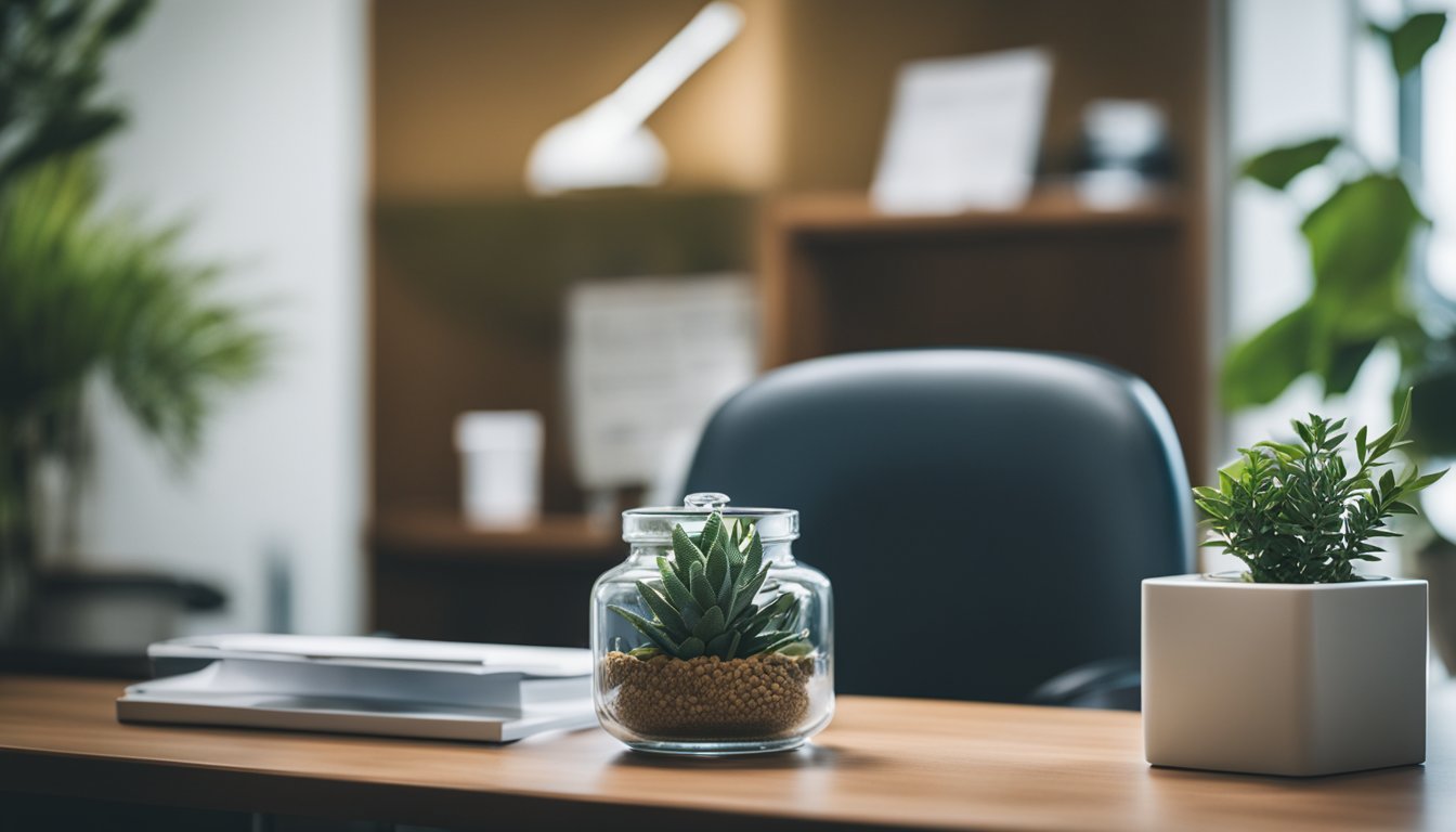 A doctor's office with natural elements and modern equipment, representing a holistic approach to healthcare