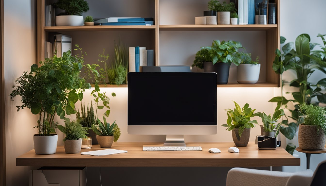 A doctor's office with a desk, computer, and medical equipment. Shelves hold books on functional medicine and holistic healing. Plants add a natural touch