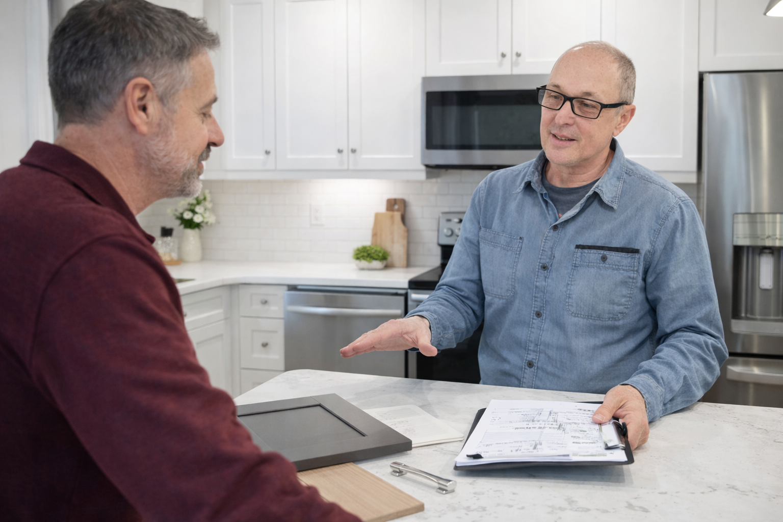 Two people discussing plans for a kitchen renovation