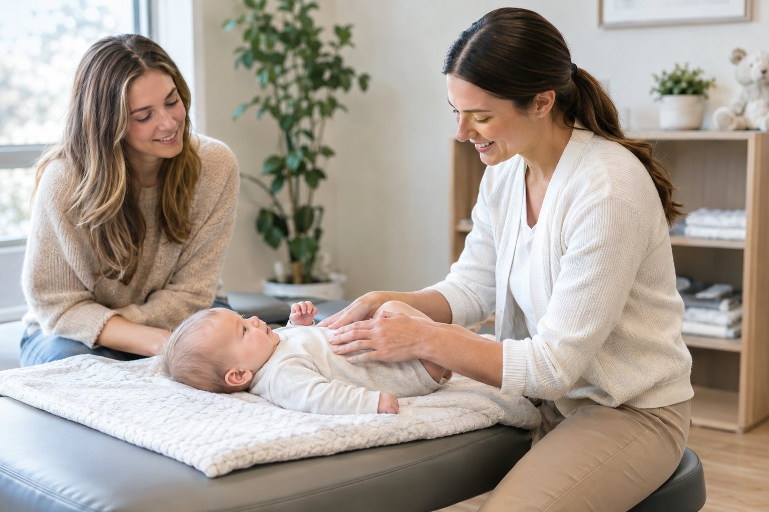Practitioner examines infant while parent watches during a gentle wellness visit