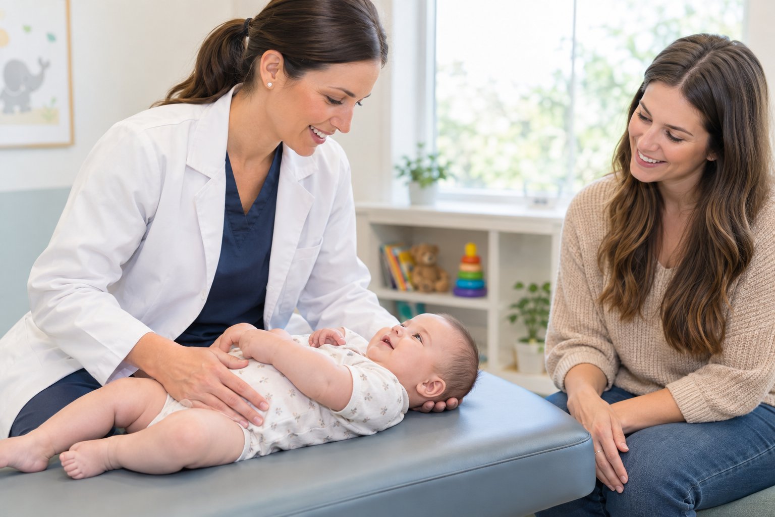 A chiropractor gently examines an infant while a parent watches nearby.