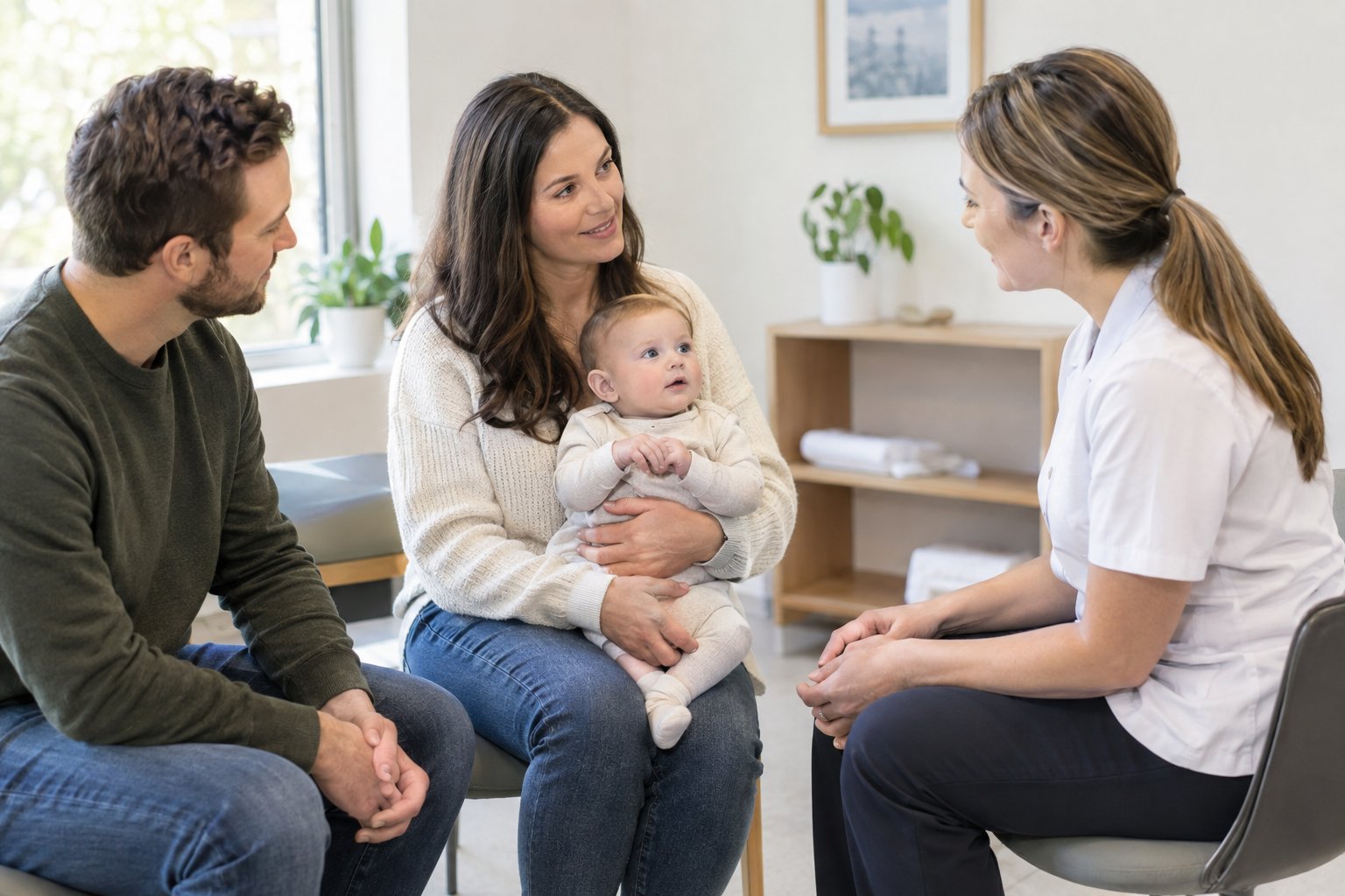A parent holds an infant while speaking with a child chiropractor in a consultation room.