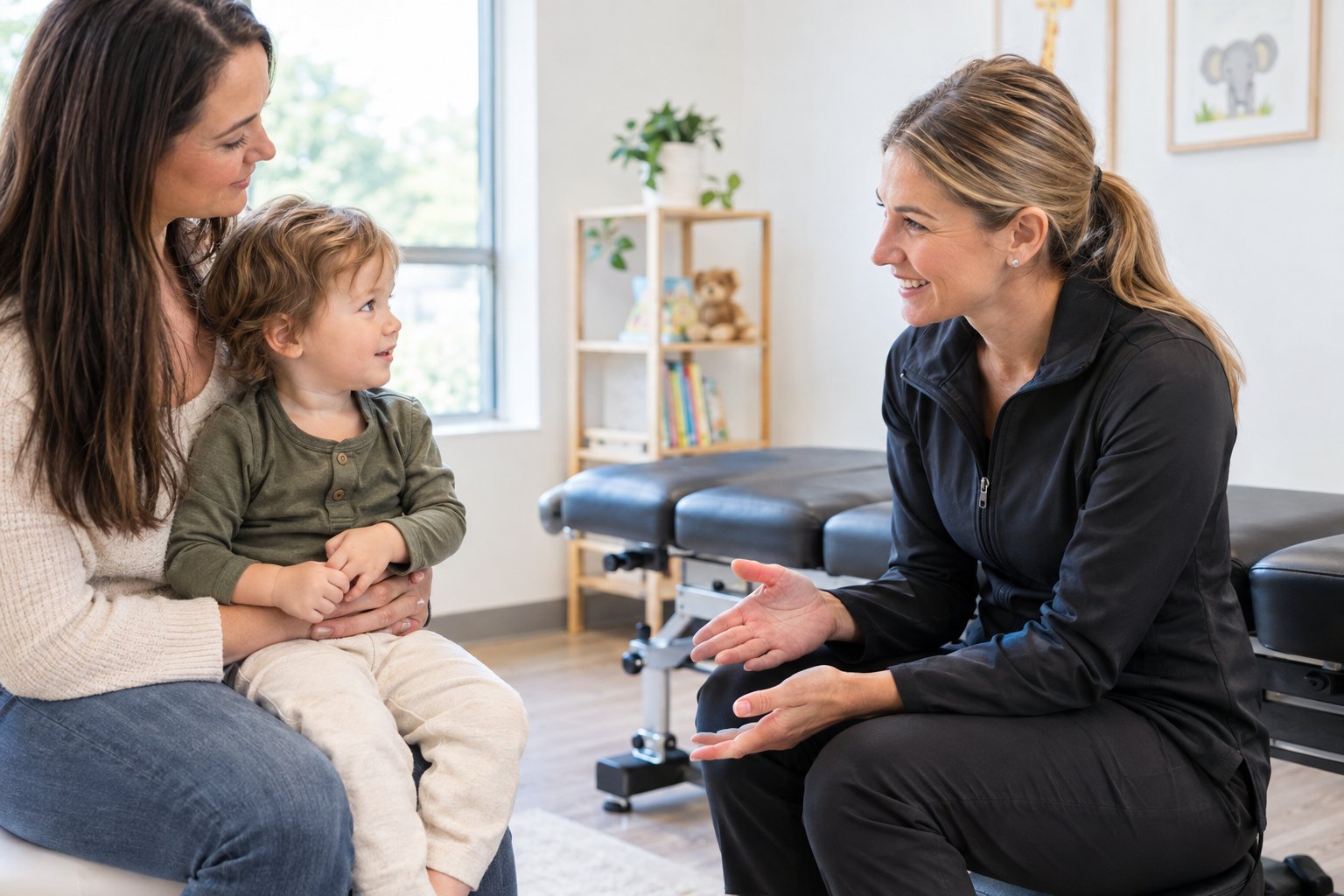 A chiropractor speaks with a parent and child in a welcoming clinic.