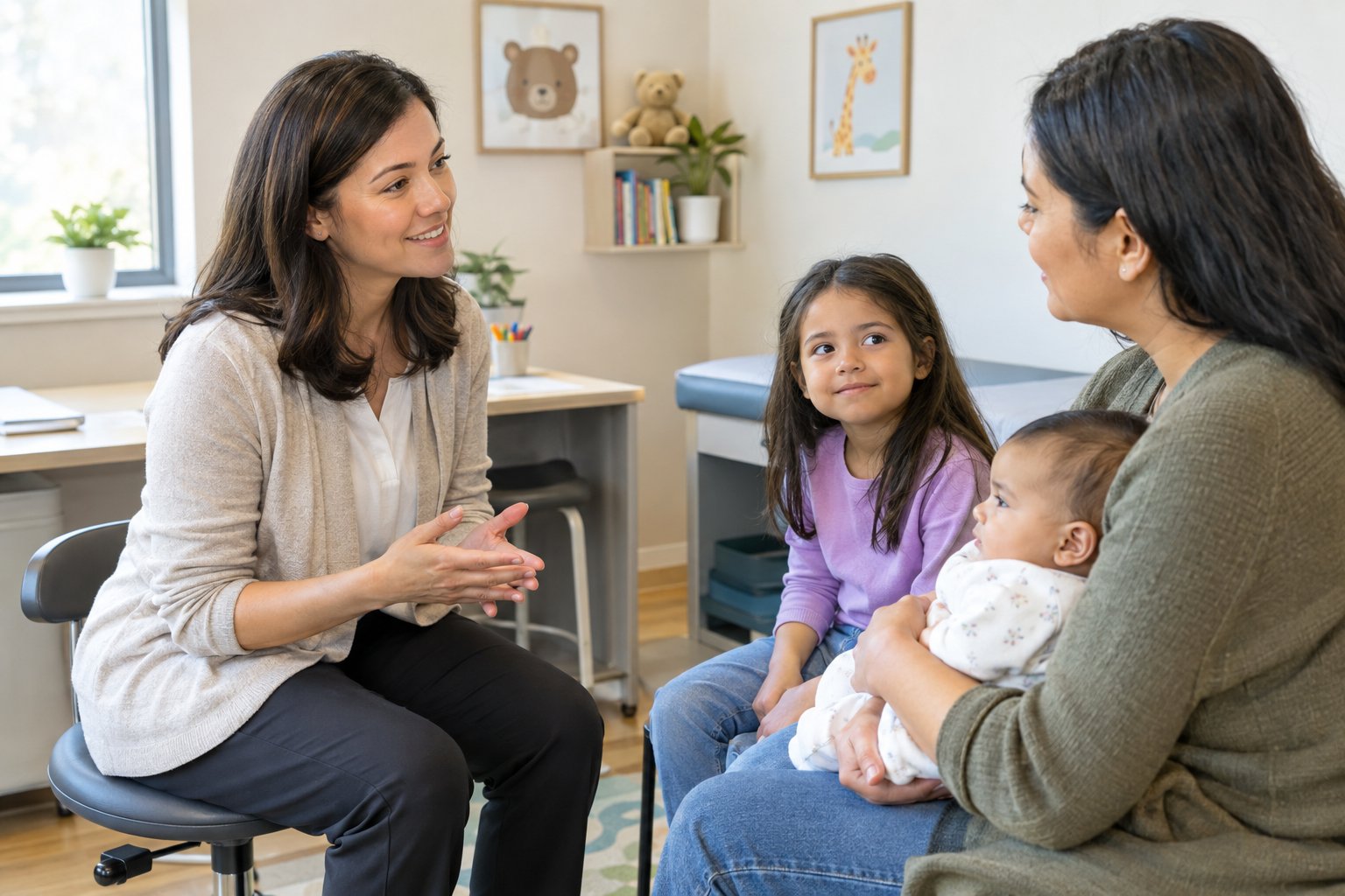 A parent holds an infant while speaking with a pediatric chiropractor as an older child sits nearby.