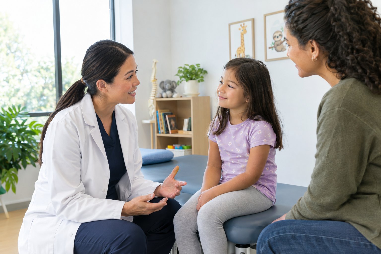 A child and parent talk with a chiropractor in a clinic.